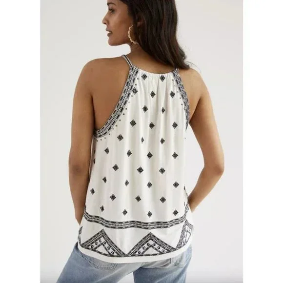Anthropologie Embroidered Halter Tank Womens Size S Pullover Styling Black White - Picture 2 of 10